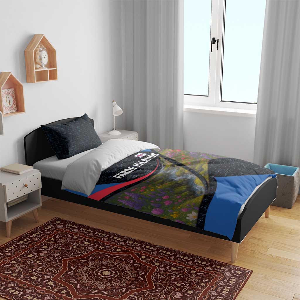 Faroe Islands Bedding Set with Waterfall Nature Scene and Rune Pattern Design - Wonder Print Shop