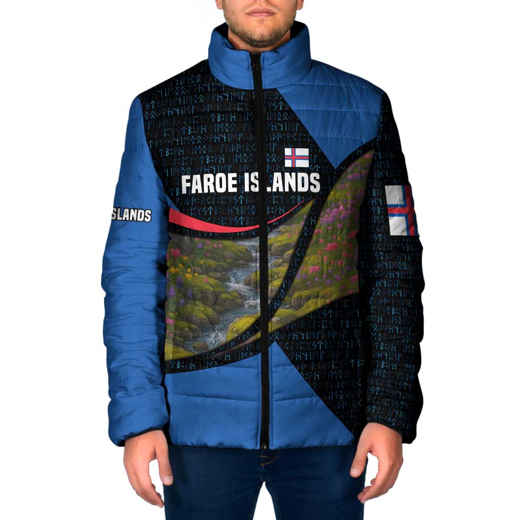 Faroe Islands Padded Jacket with Waterfall Nature Scene and Rune Pattern Design - Wonder Print Shop