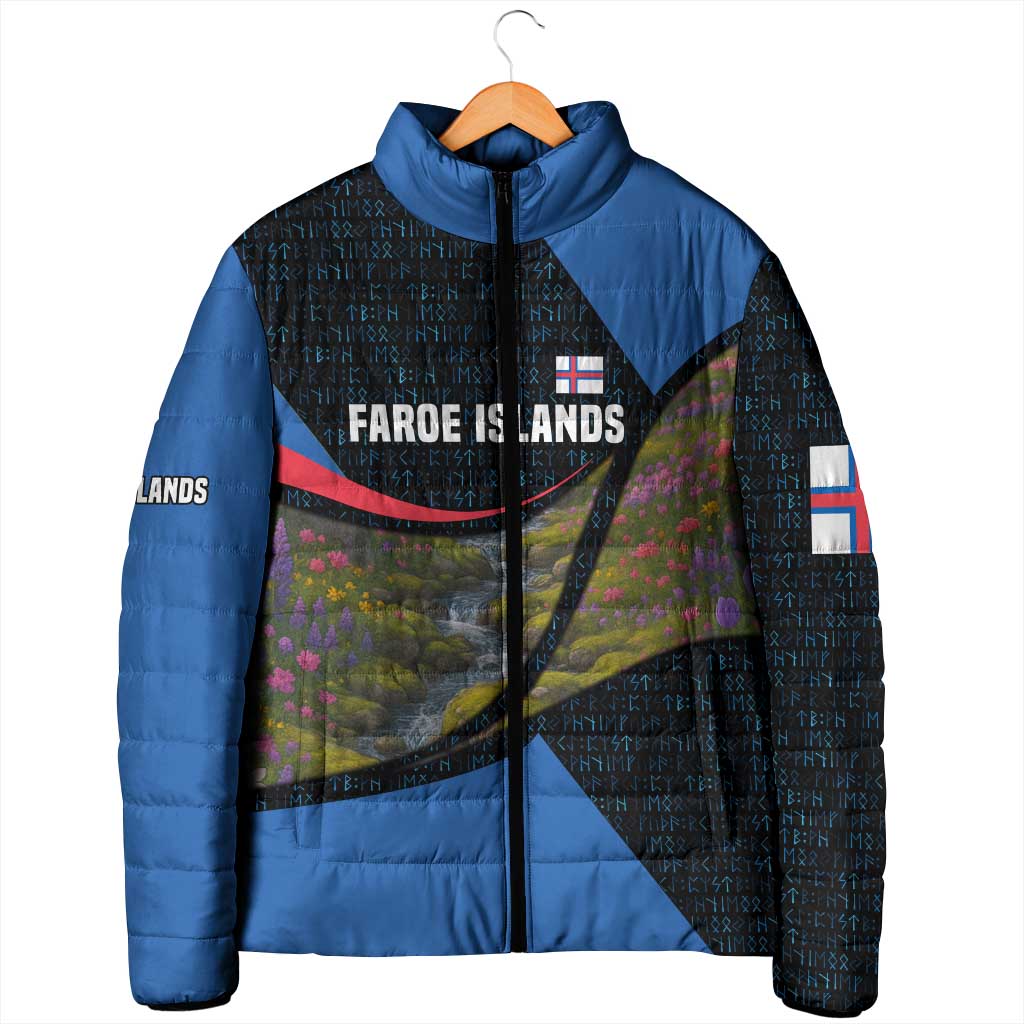 Faroe Islands Padded Jacket with Waterfall Nature Scene and Rune Pattern Design - Wonder Print Shop