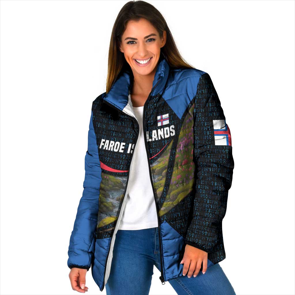 Faroe Islands Padded Jacket with Waterfall Nature Scene and Rune Pattern Design - Wonder Print Shop