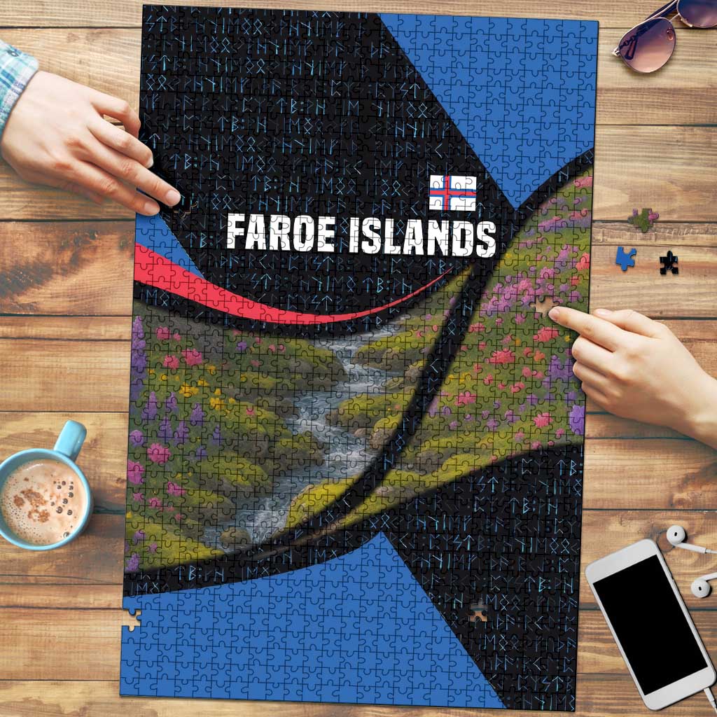 Faroe Islands Puzzle with Waterfall Nature Scene and Rune Pattern Design - Wonder Print Shop