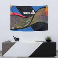 Faroe Islands Tapestry with Waterfall Nature Scene and Rune Pattern Design - Wonder Print Shop