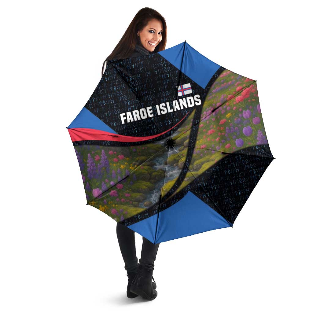 Faroe Islands Umbrella with Waterfall Nature Scene and Rune Pattern Design - Wonder Print Shop