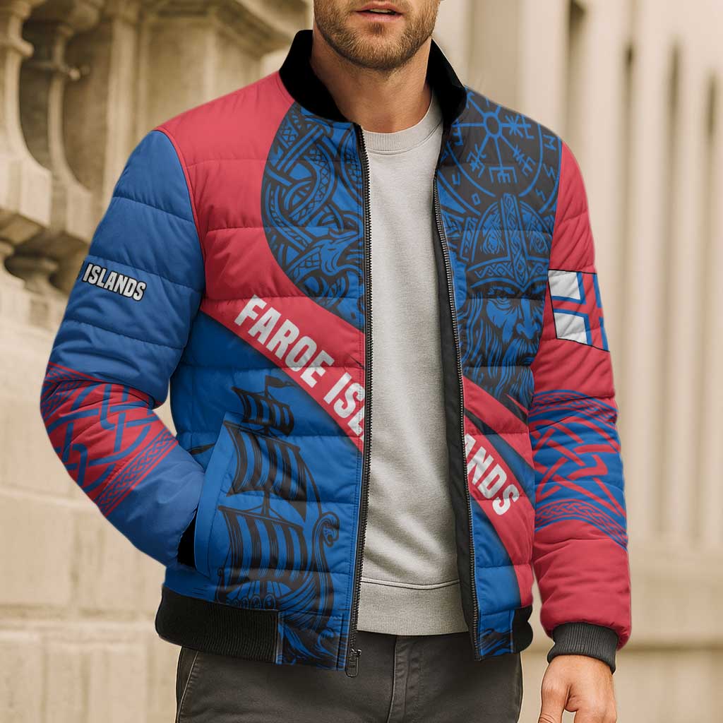 Faroe Islands Bomber Puffer Jacket with Viking Warrior and Longship Design - Wonder Print Shop