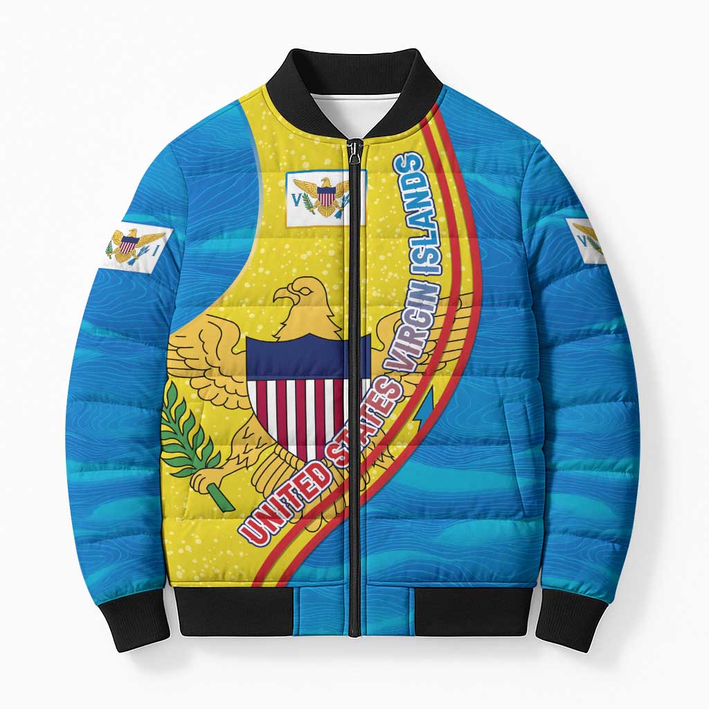United States Virgin Islands Bomber Puffer Jacket with Blue Yellow Wave Design and Island Map Bird - Wonder Print Shop