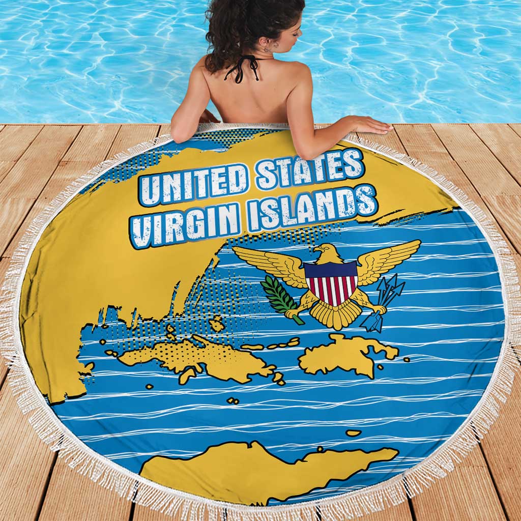 United States Virgin Islands Beach Blanket with Blue Yellow Ocean Design and Eagle Map Pattern - Wonder Print Shop