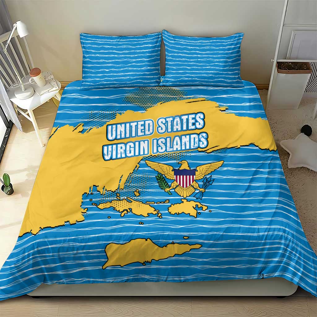 United States Virgin Islands Bedding Set with Blue Yellow Ocean Design and Eagle Map Pattern - Wonder Print Shop
