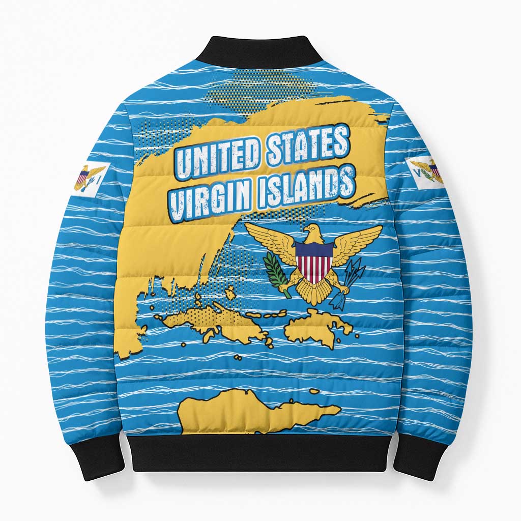 United States Virgin Islands Bomber Puffer Jacket with Blue Yellow Ocean Design and Eagle Map Pattern - Wonder Print Shop