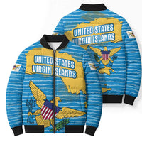 United States Virgin Islands Bomber Puffer Jacket with Blue Yellow Ocean Design and Eagle Map Pattern - Wonder Print Shop