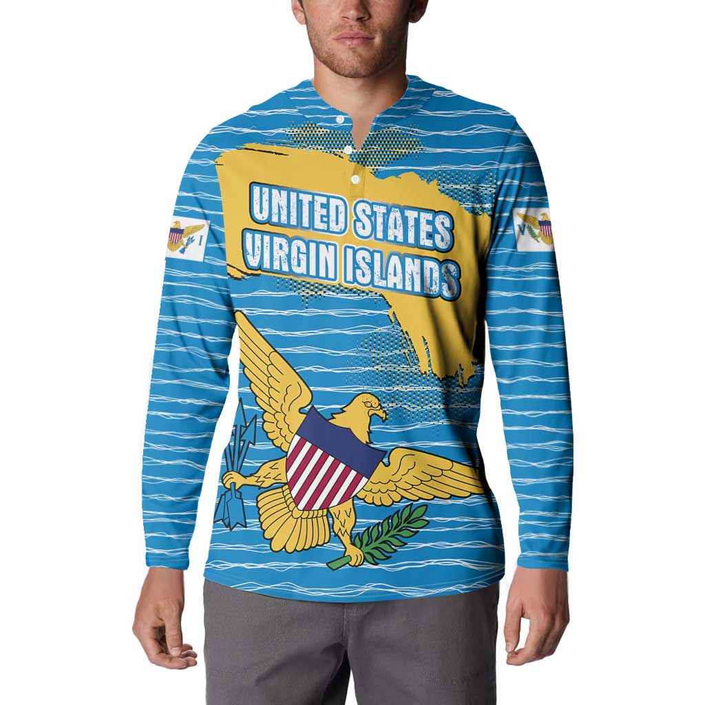 United States Virgin Islands Button Sweatshirt with Blue Yellow Ocean Design and Eagle Map Pattern - Wonder Print Shop