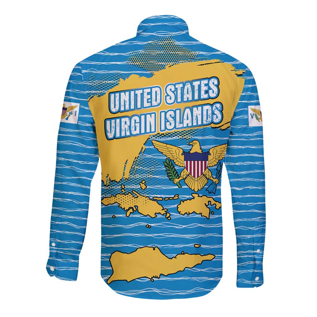 United States Virgin Islands Long Sleeve Button Shirt with Blue Yellow Ocean Design and Eagle Map Pattern - Wonder Print Shop