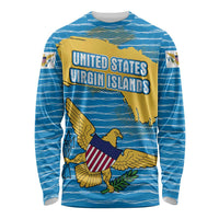 Blue long-sleeve shirt with wave lines, eagle, and Virgin Islands map graphic.