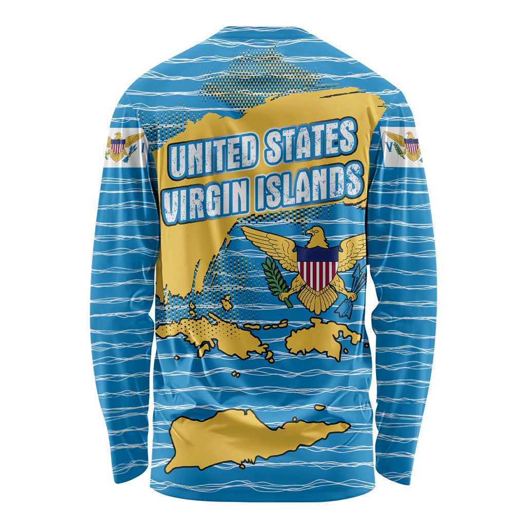 Blue long-sleeve shirt with wave lines, eagle crest, and Virgin Islands map on back.