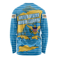 Blue long-sleeve shirt with wave lines, eagle crest, and Virgin Islands map on back.