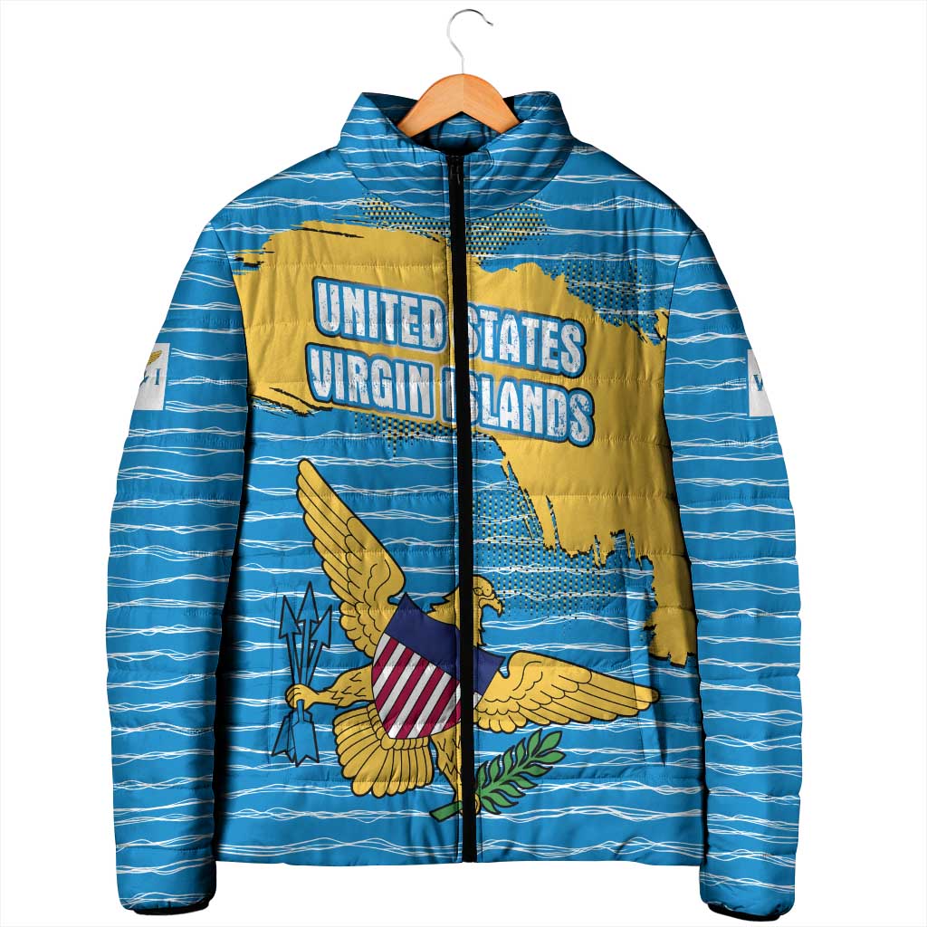 United States Virgin Islands Padded Jacket with Blue Yellow Ocean Design and Eagle Map Pattern - Wonder Print Shop