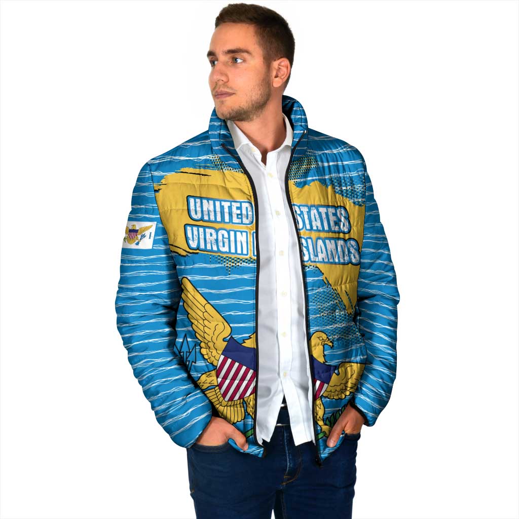 United States Virgin Islands Padded Jacket with Blue Yellow Ocean Design and Eagle Map Pattern - Wonder Print Shop