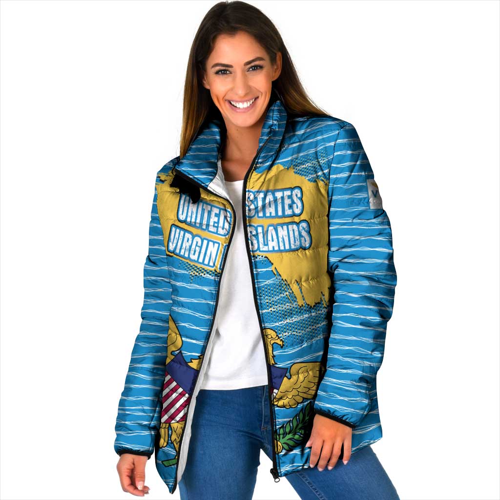 United States Virgin Islands Padded Jacket with Blue Yellow Ocean Design and Eagle Map Pattern - Wonder Print Shop
