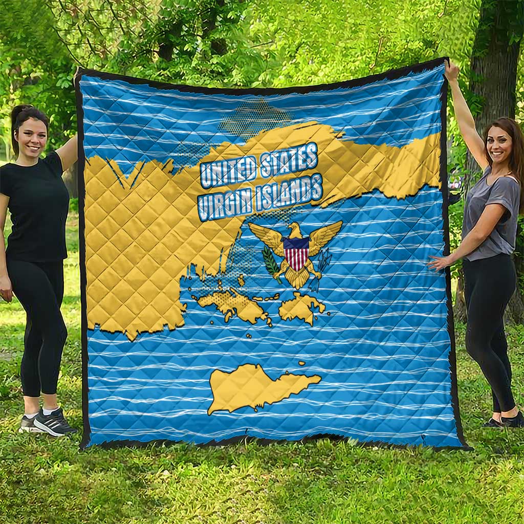 United States Virgin Islands Quilt with Blue Yellow Ocean Design and Eagle Map Pattern - Wonder Print Shop