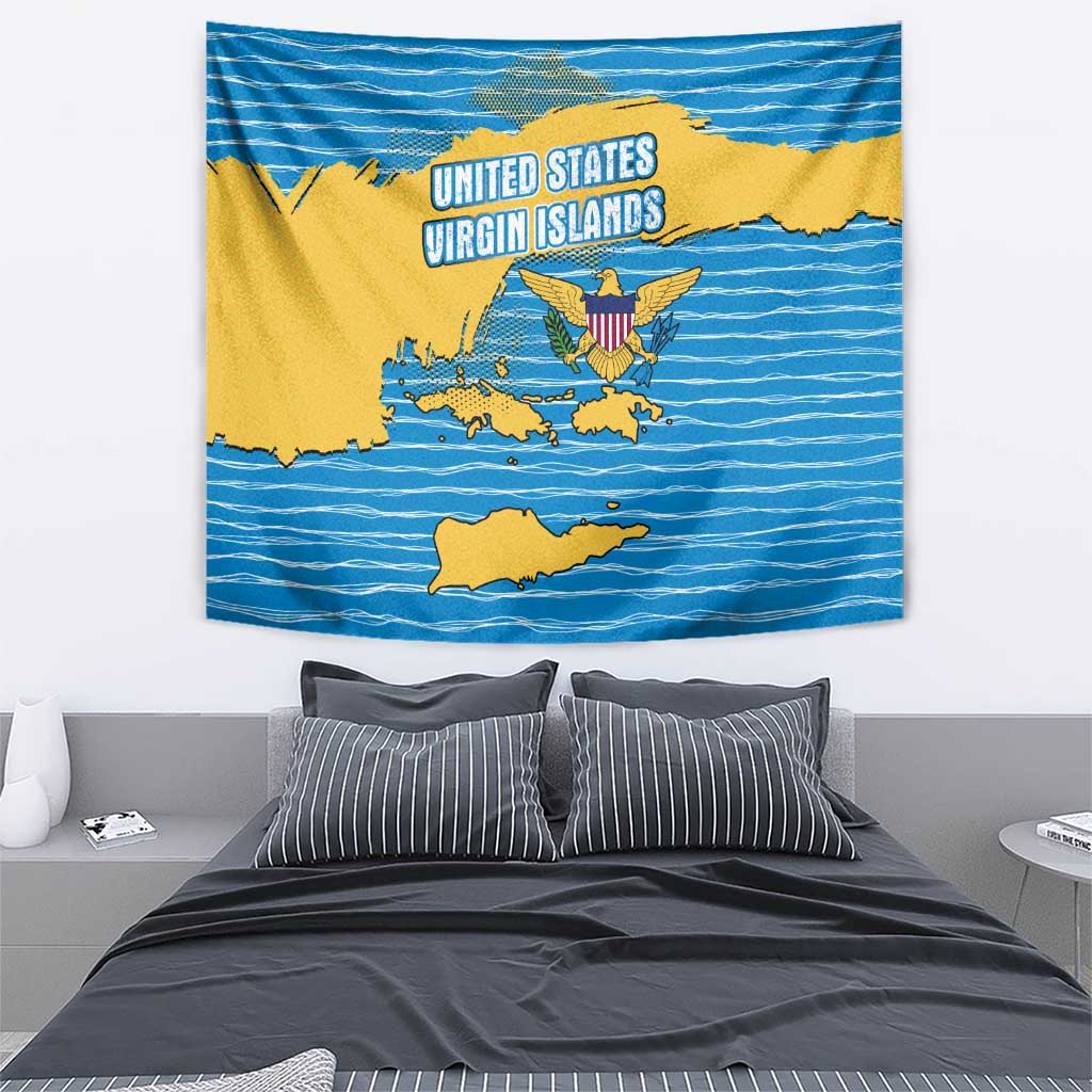 United States Virgin Islands Tapestry with Blue Yellow Ocean Design and Eagle Map Pattern - Wonder Print Shop