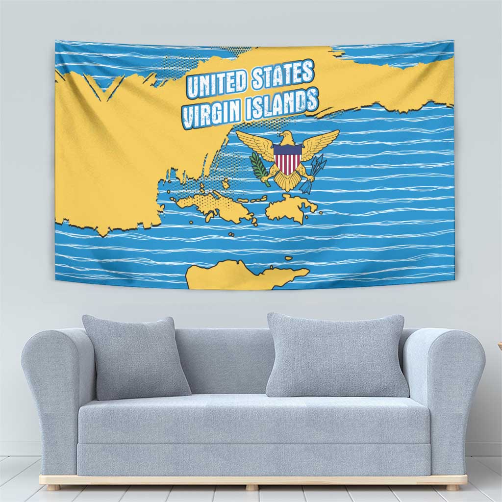 United States Virgin Islands Tapestry with Blue Yellow Ocean Design and Eagle Map Pattern - Wonder Print Shop