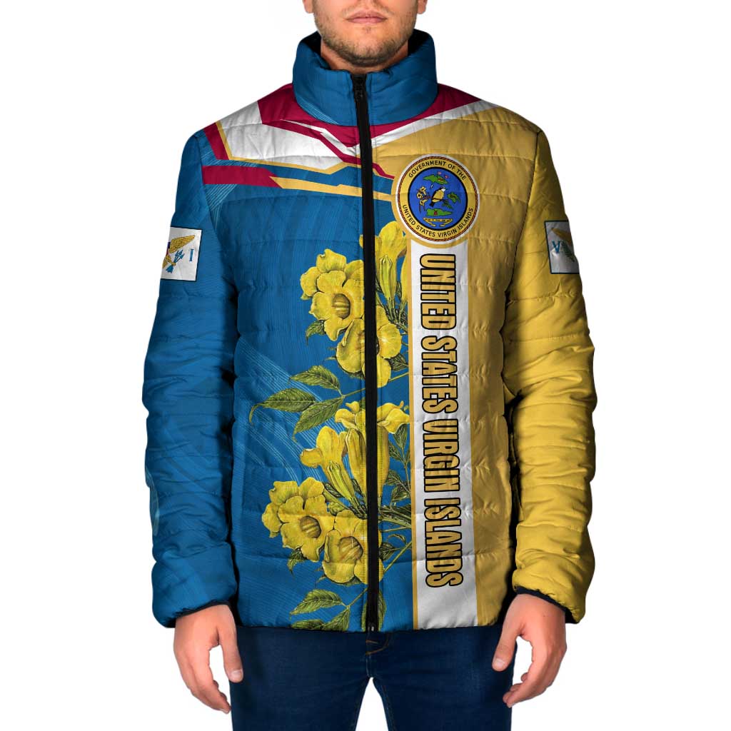 United States Virgin Islands Padded Jacket with Blue Yellow Floral Design and Government Seal Bird - Wonder Print Shop