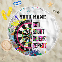 Personalized round dartboard beach blanket, white fringe, colorful splatter and YOUR NAME