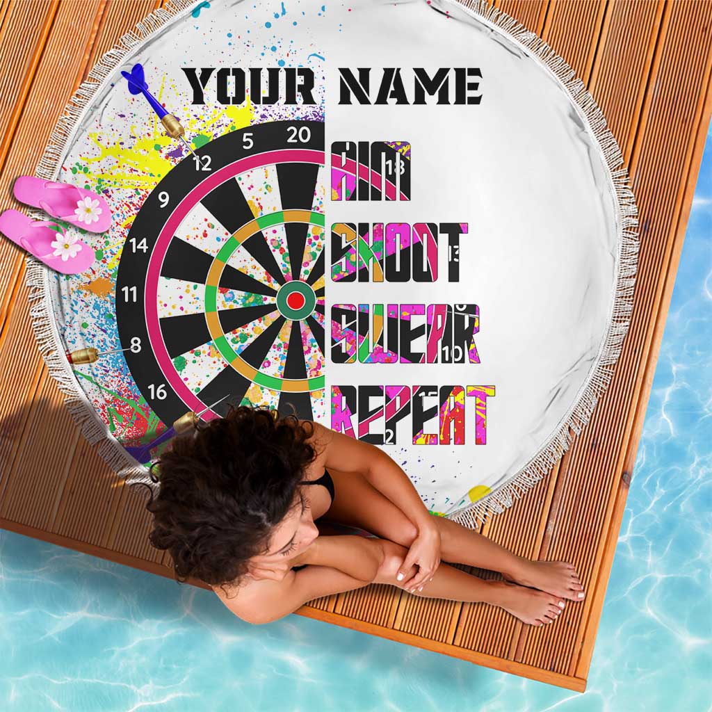 Personalized round dartboard beach blanket, white fringe with multicolor dartboard splatter art