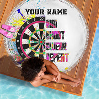 Personalized round dartboard beach blanket, white fringe with multicolor dartboard splatter art