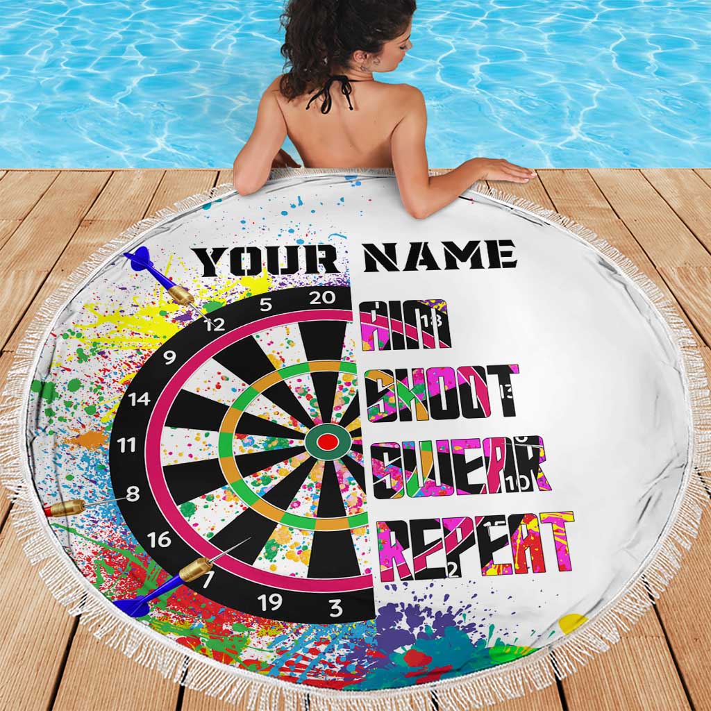 Personalized round dartboard beach blanket, white fringe, YOUR NAME and colorful dartboard design