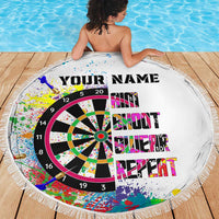 Personalized round dartboard beach blanket, white fringe, YOUR NAME and colorful dartboard design