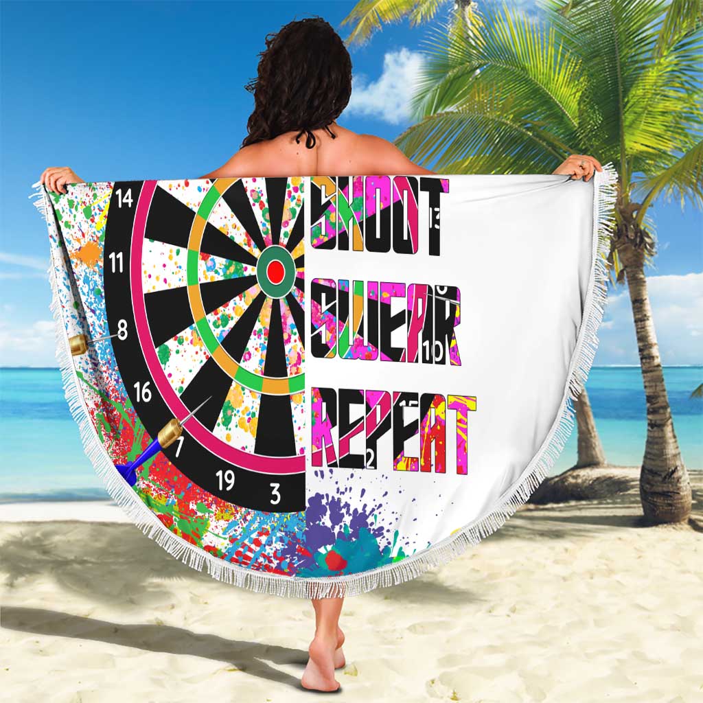 Personalized round dartboard beach blanket, white fringe, graphic dartboard with YOUR NAME