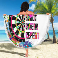 Personalized round dartboard beach blanket, white fringe, graphic dartboard with YOUR NAME