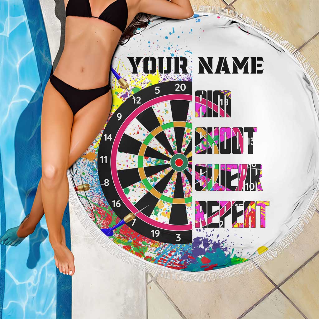 Personalized round dartboard beach blanket, white fringe, dartboard and YOUR NAME text center
