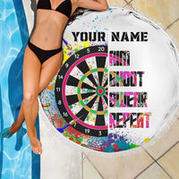 Personalized round dartboard beach blanket, white fringe, dartboard and YOUR NAME text center