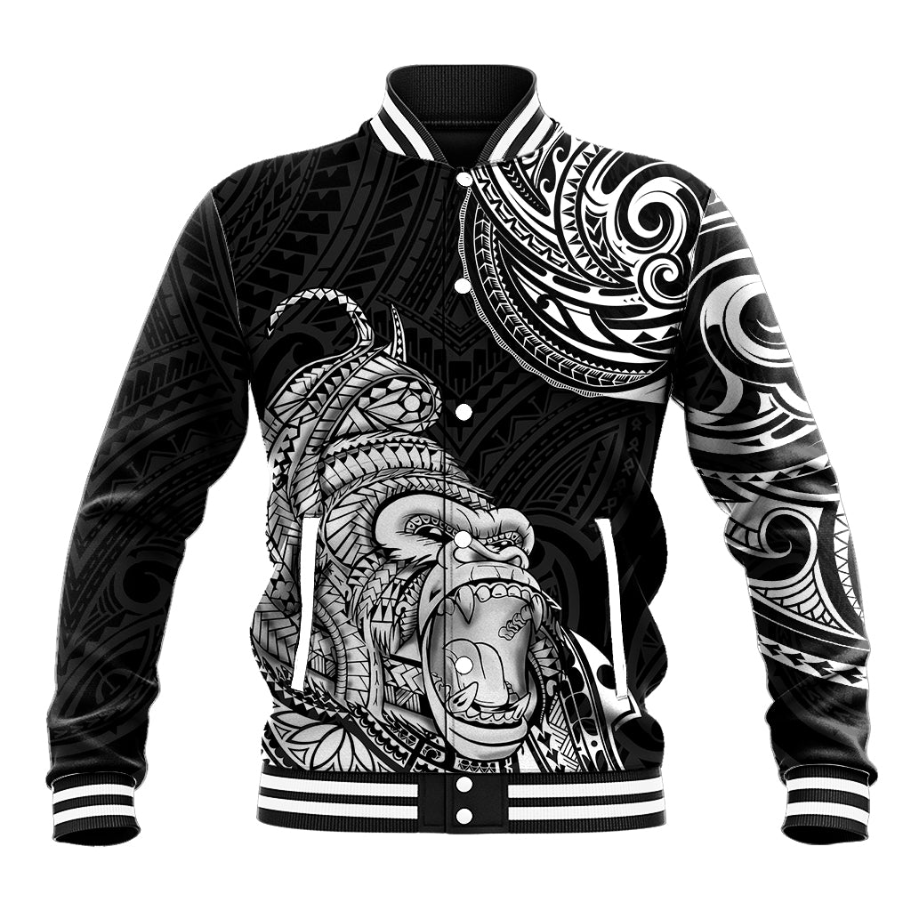 Black baseball jacket with white Polynesian gorilla tattoo print, striped ribbed cuffs