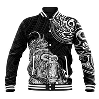 Black baseball jacket with white Polynesian gorilla tattoo print, striped ribbed cuffs