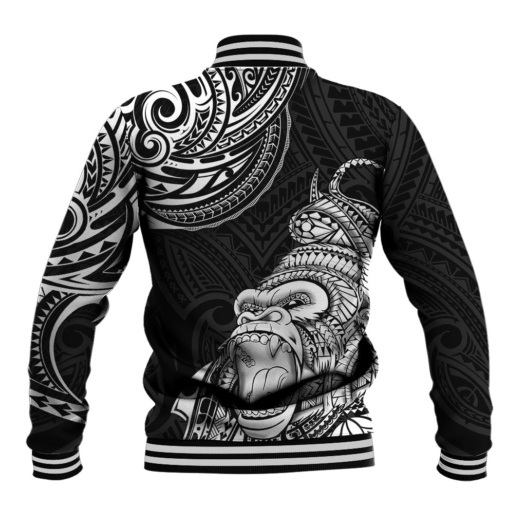 Black baseball jacket with white Polynesian gorilla tattoo back print, striped ribbed hem