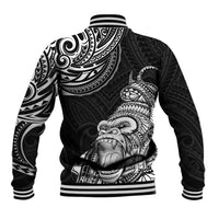 Black baseball jacket with white Polynesian gorilla tattoo back print, striped ribbed hem