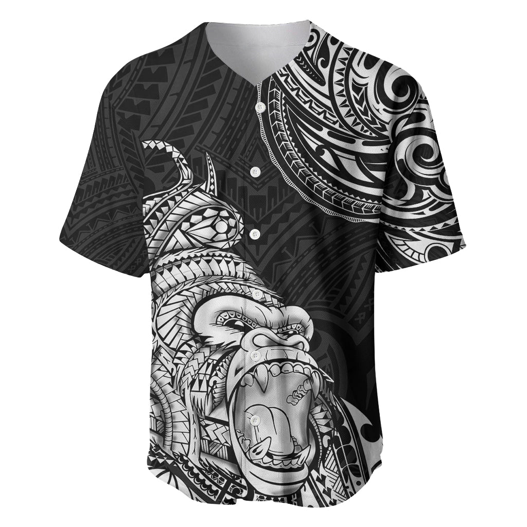 Black men's baseball jersey with white tribal gorilla graphic, camp collar, button front