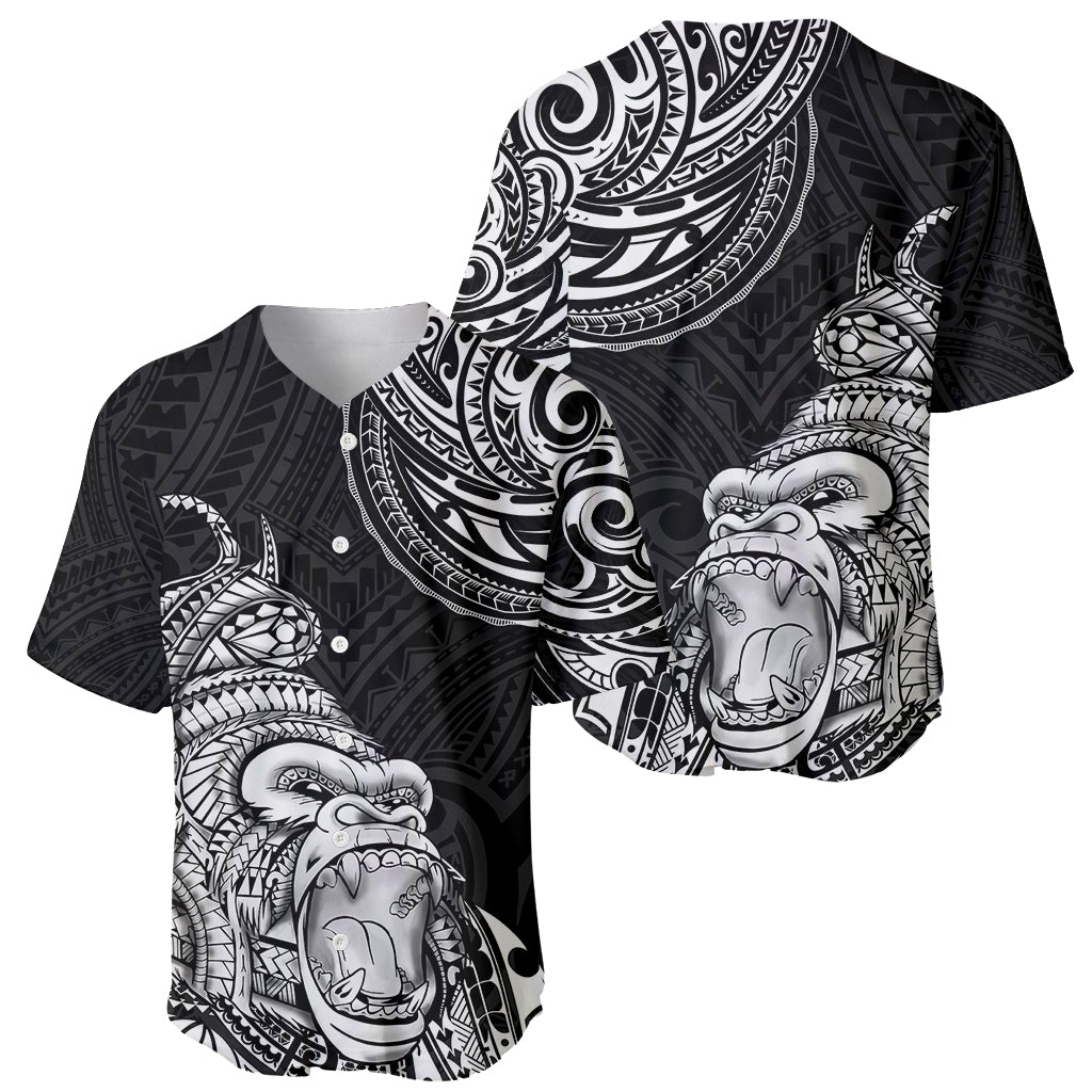 Black men's baseball jersey with white tribal gorilla tattoo print, short sleeves, button front