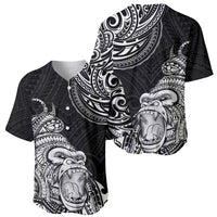 Black men's baseball jersey with white tribal gorilla tattoo print, short sleeves, button front