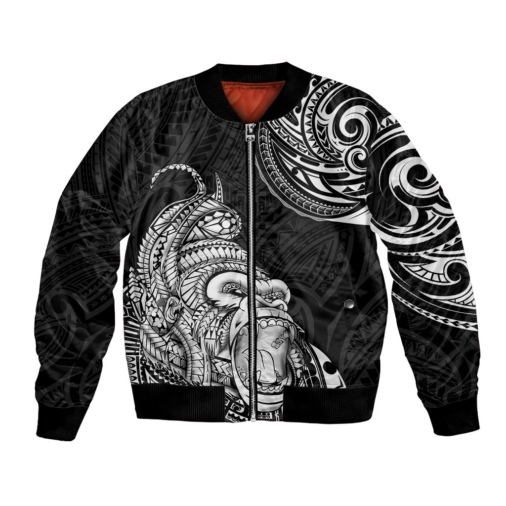 Black bomber jacket with tribal gorilla tattoo graphic and zip front