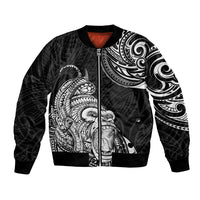 Black bomber jacket with tribal gorilla tattoo graphic and zip front