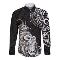 Black long sleeve button shirt with large white gorilla tattoo and Polynesian pattern front