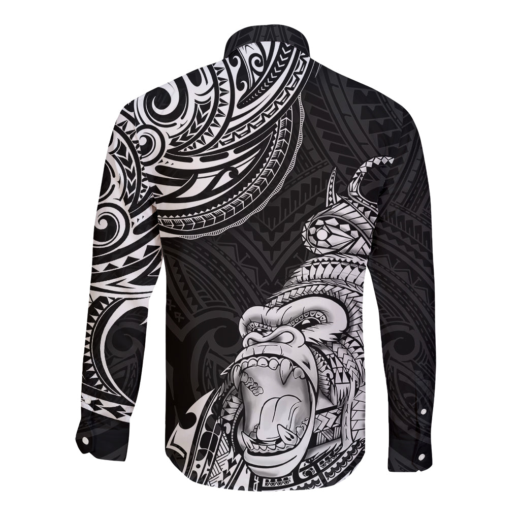 Black long sleeve button shirt with white gorilla face graphic and Polynesian sleeve designs