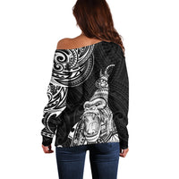 Black off-shoulder sweater with back gorilla tattoo Polynesian-style print, long sleeves