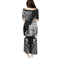 Black long dress with gorilla Polynesian tattoo print on back, short sleeves