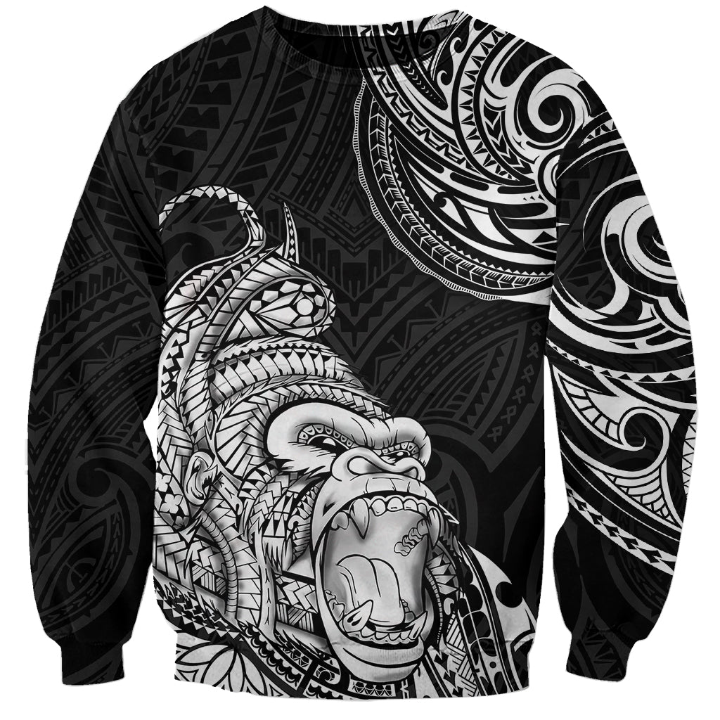 Black pullover sweatshirt with gorilla tattoo print, long sleeves