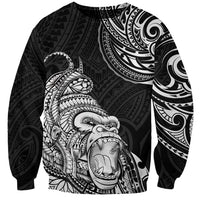 Black pullover sweatshirt with gorilla tattoo print, long sleeves
