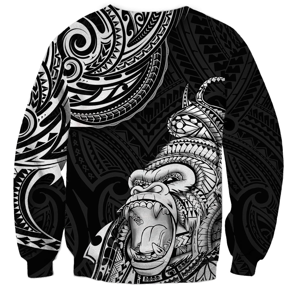 Black pullover sweatshirt with gorilla tattoo print and tribal pattern sleeves